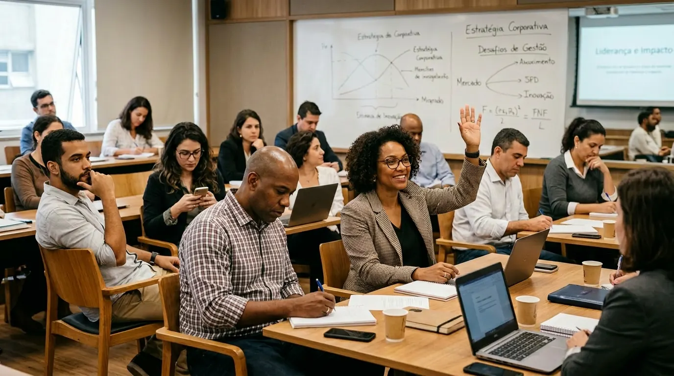 Profissionais em ambiente corporativo de aprendizado executivo