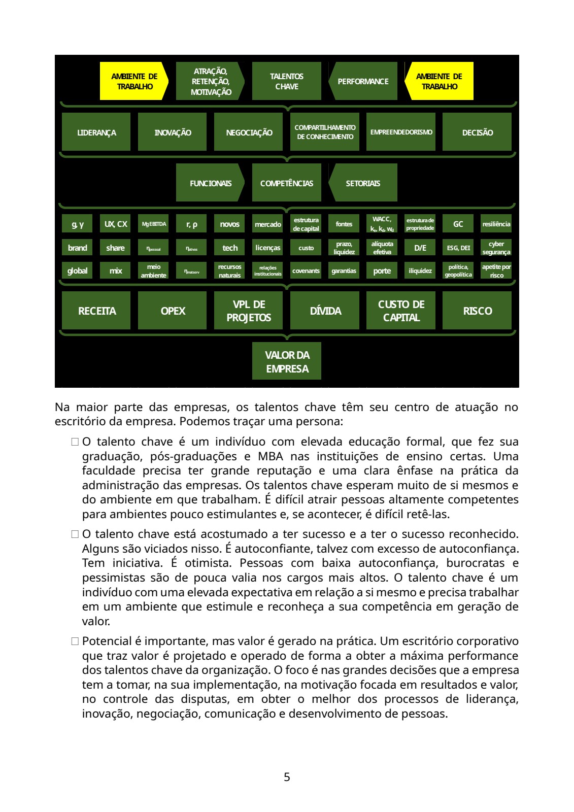 Diagrama completo: Ambiente de trabalho, talentos chave, performance e valor da empresa